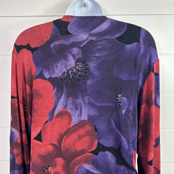Chico's Travelers Ribbed Tie Front Cardigan Purple Red Floral sz 1 / Medium - Picture 6 of 7